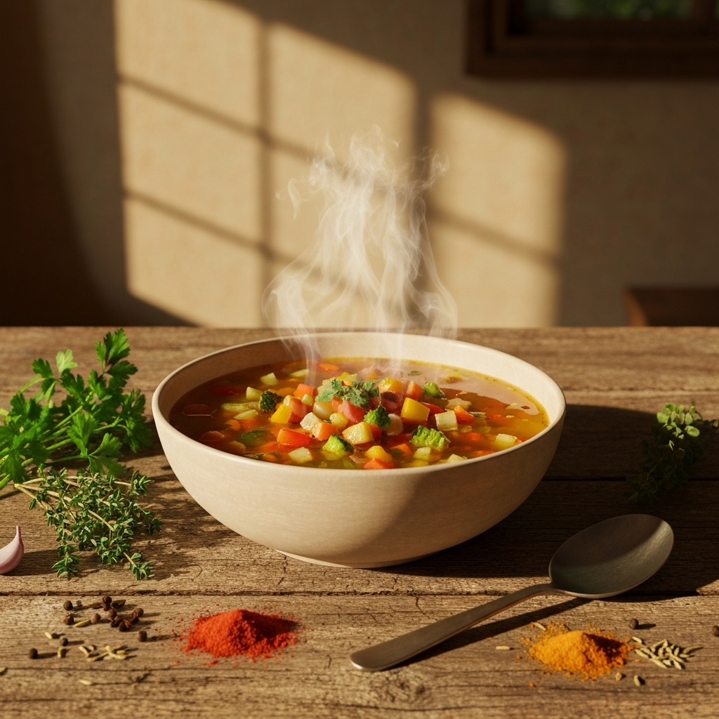 3D render of steaming soup bowl